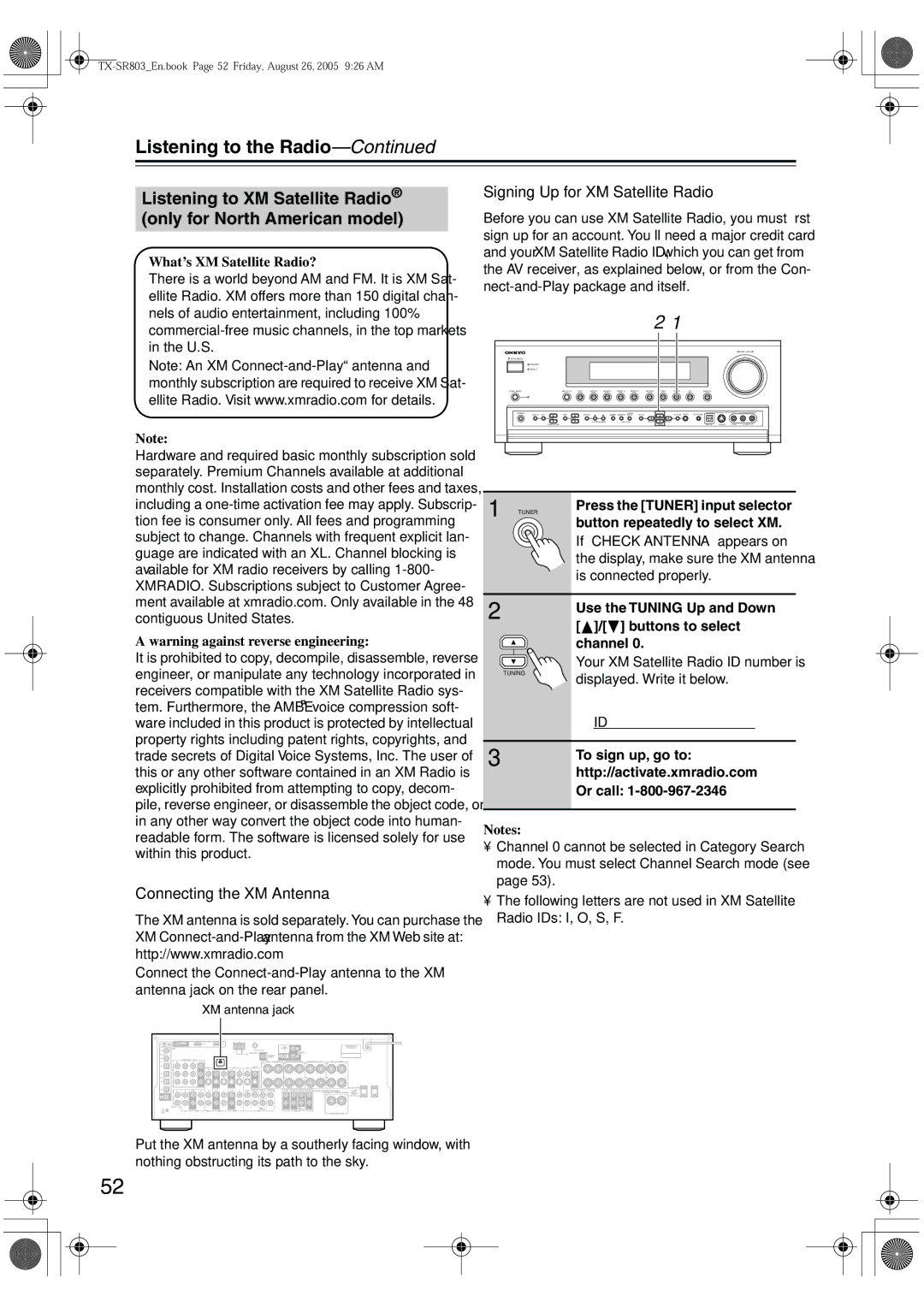 Onkyo TX-SR703E, TX-SR8370, TX-SR803, TX-SR 803E Connecting the XM Antenna, Signing Up for XM Satellite Radio 