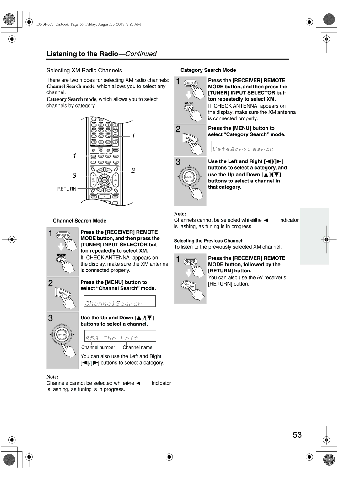 Onkyo TX-SR 803E, TX-SR8370, TX-SR803, TX-SR703E instruction manual Selecting XM Radio Channels 