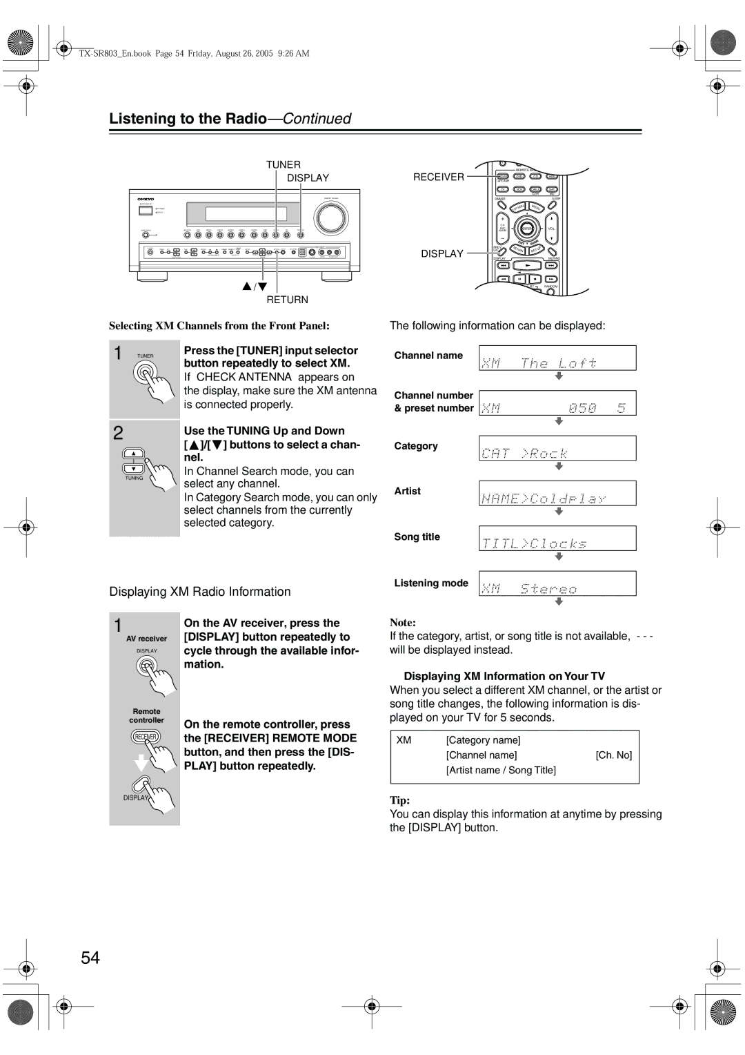 Onkyo TX-SR703, TX-SR8370 Displaying XM Radio Information, Button repeatedly to select XM, Buttons to select a chan, Nel 