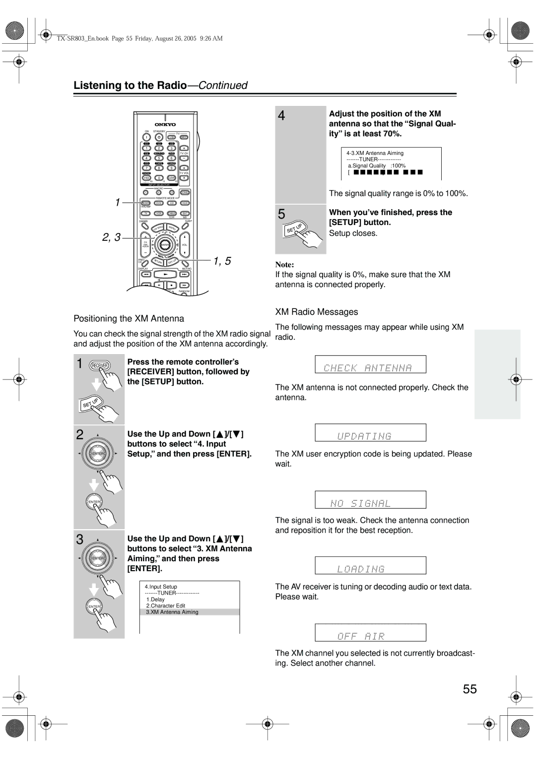 Onkyo TX-SR8370, TX-SR803, TX-SR703E, TX-SR 803E instruction manual Positioning the XM Antenna, XM Radio Messages 