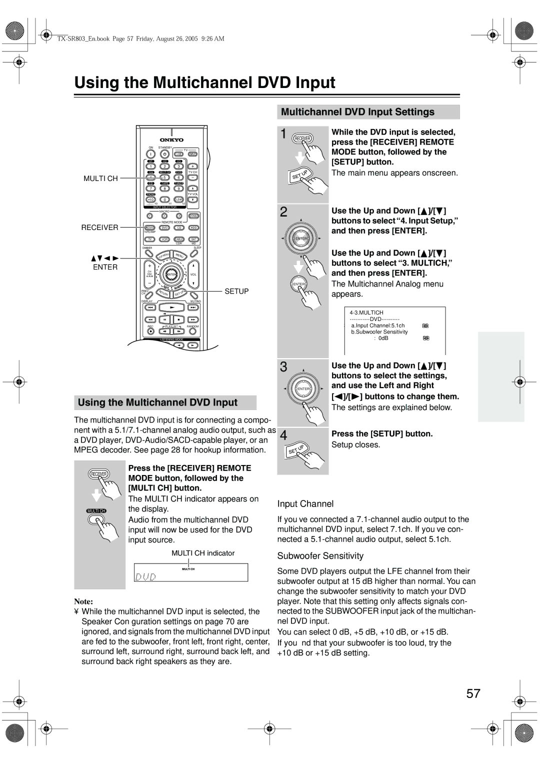 Onkyo TX-SR703E Using the Multichannel DVD Input, Multichannel DVD Input Settings, Input Channel, Subwoofer Sensitivity 