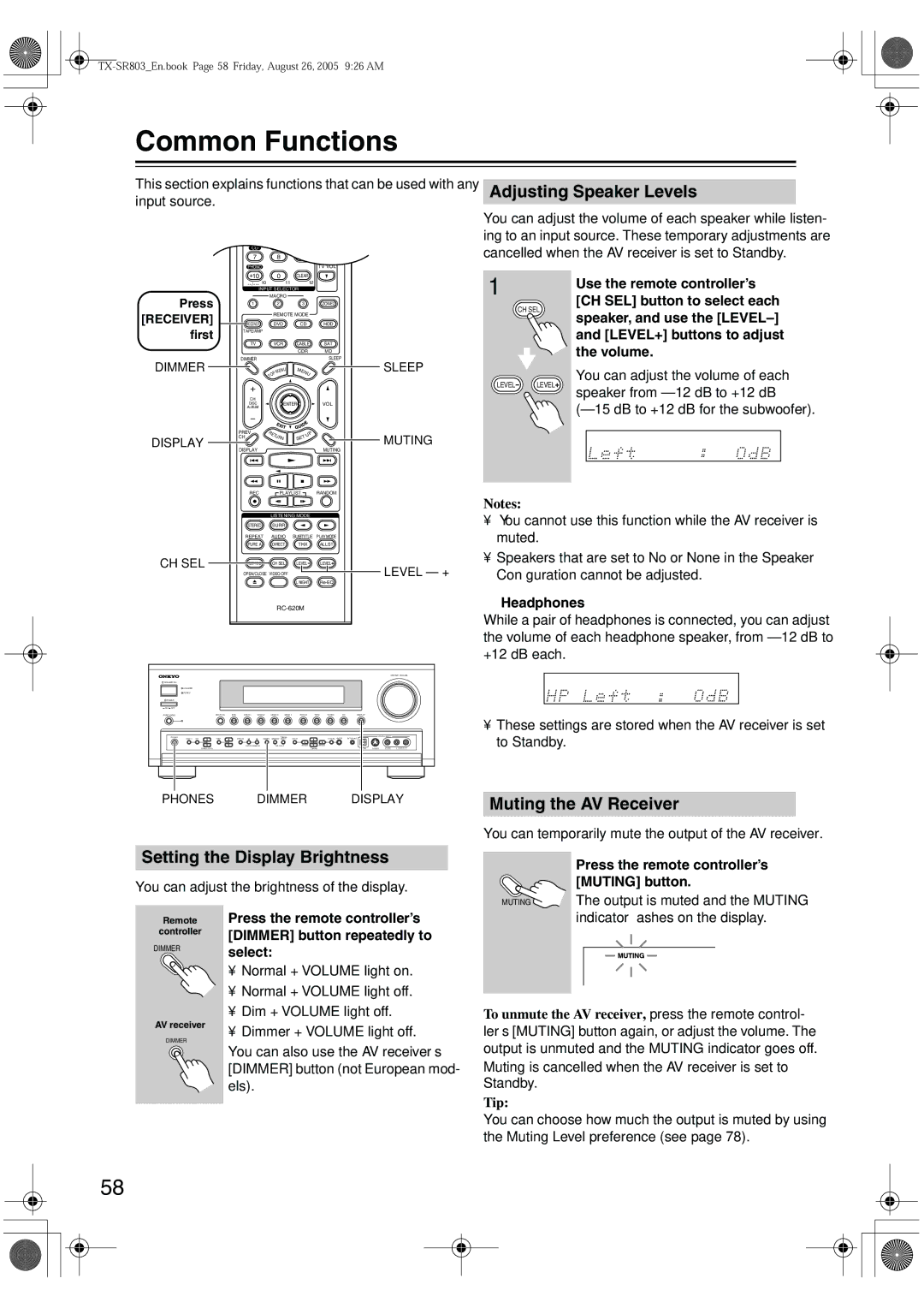 Onkyo TX-SR 803E Common Functions, Adjusting Speaker Levels, Muting the AV Receiver Setting the Display Brightness 