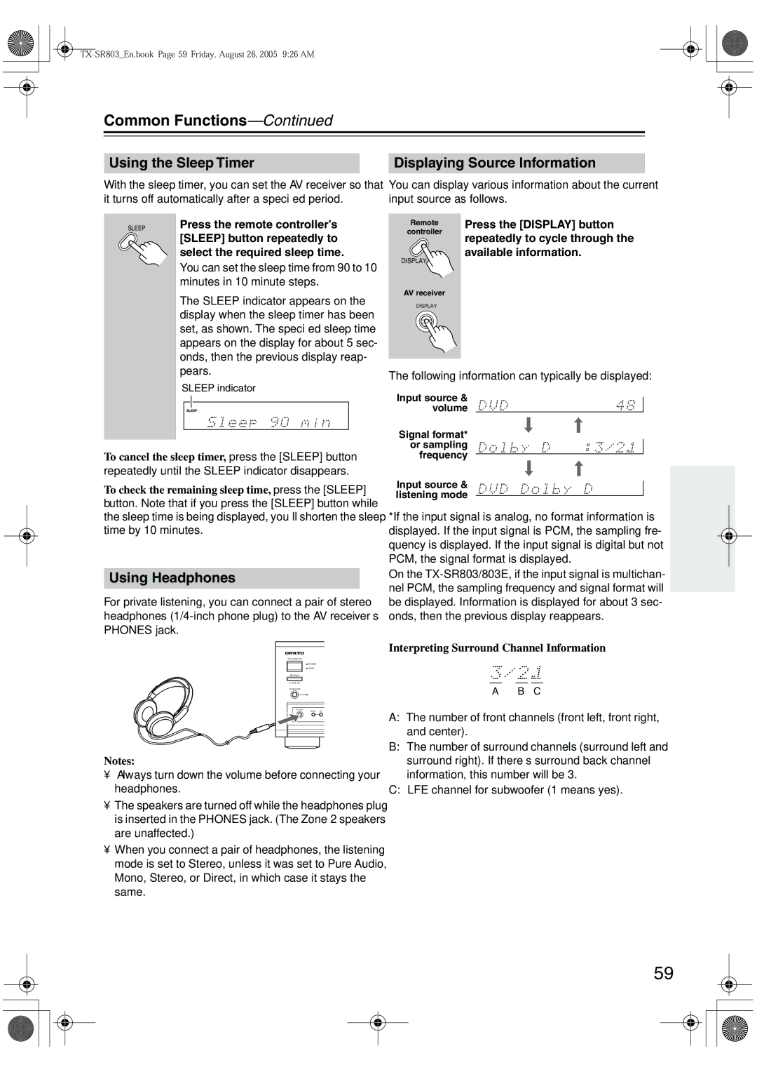 Onkyo TX-SR703, TX-SR8370 Common Functions, Using the Sleep Timer, Using Headphones, Displaying Source Information 