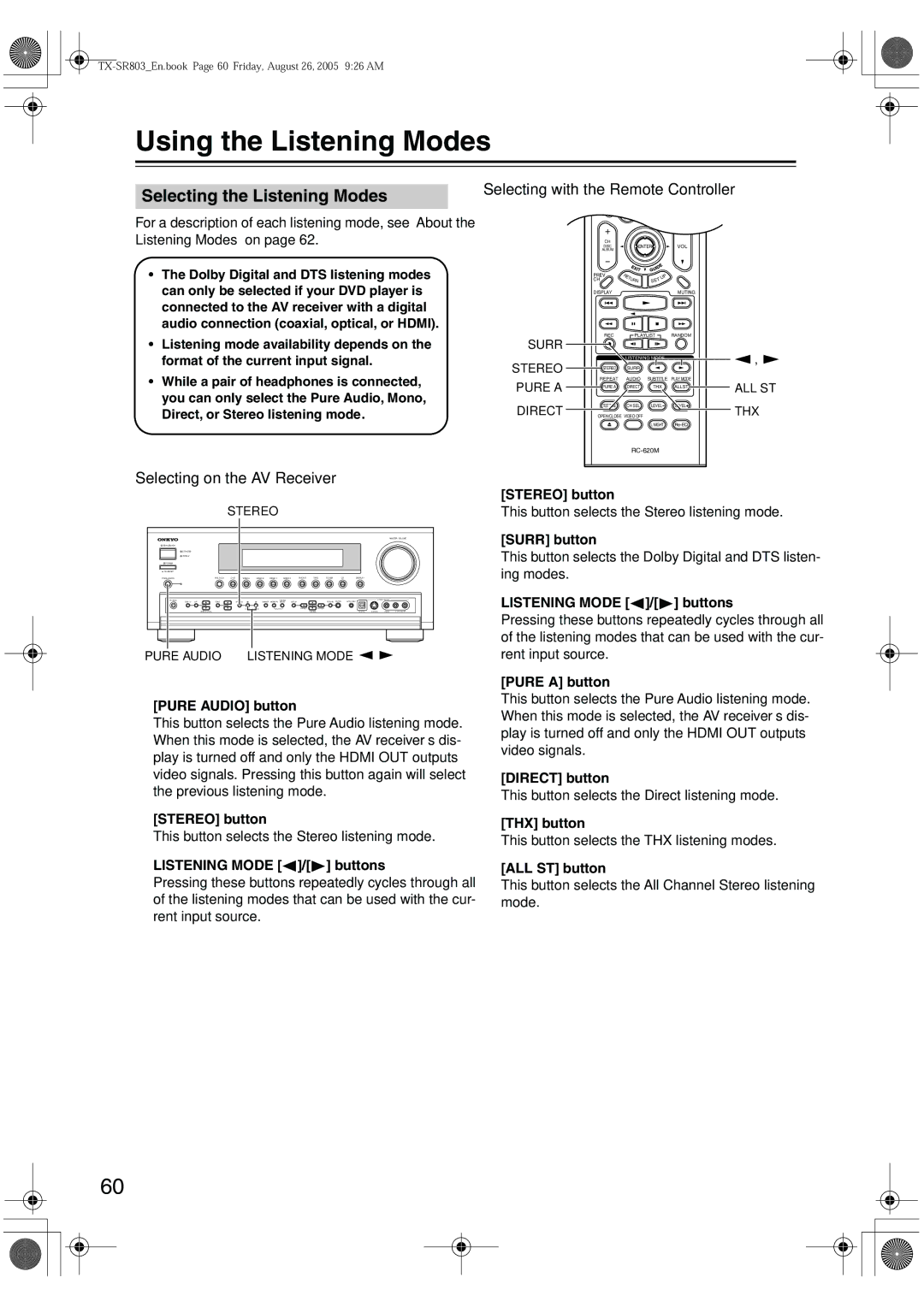 Onkyo TX-SR8370, TX-SR803 Using the Listening Modes, Selecting the Listening Modes, Selecting with the Remote Controller 