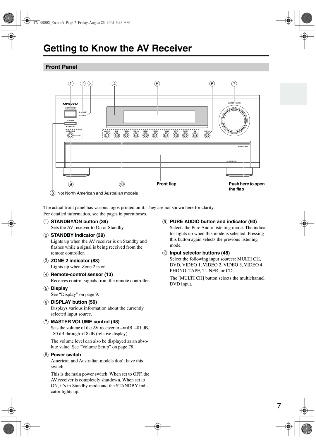 Onkyo TX-SR703E, TX-SR8370, TX-SR803, TX-SR 803E instruction manual Getting to Know the AV Receiver, Front Panel 