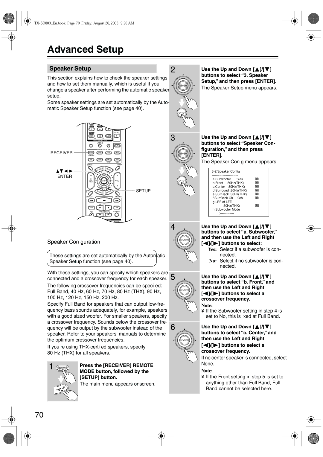 Onkyo TX-SR8370, TX-SR803, TX-SR703E, TX-SR 803E instruction manual Advanced Setup, Speaker Setup 