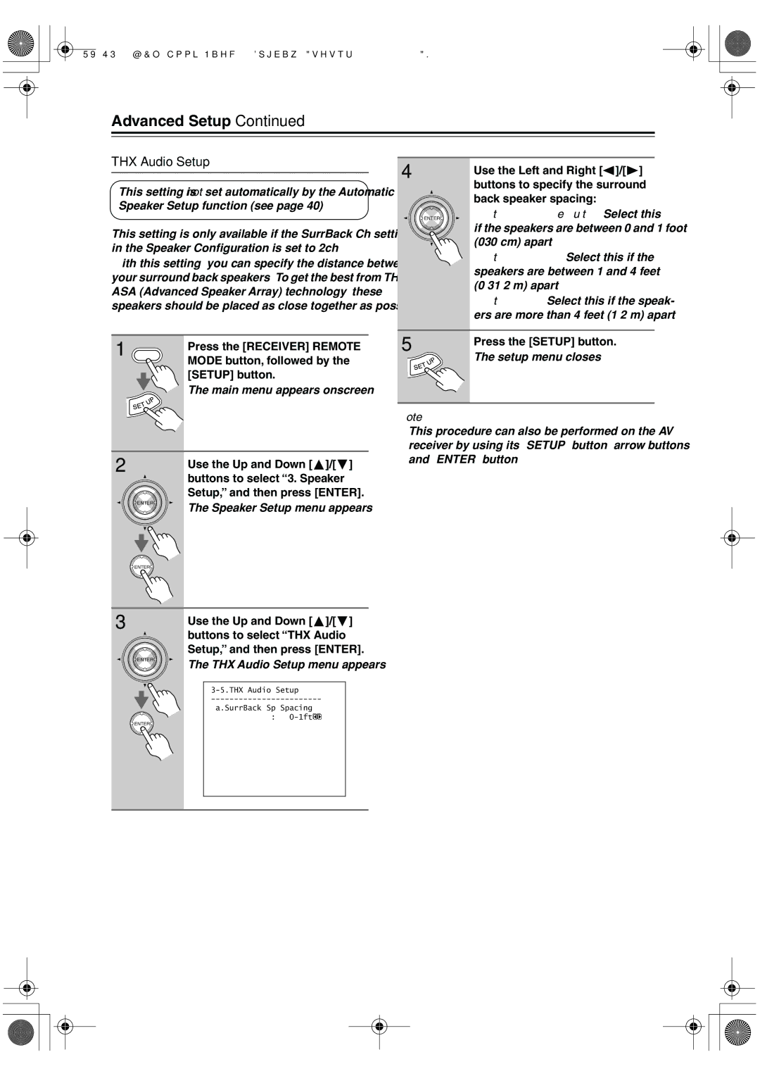 Onkyo TX-SR703 THX Audio Setup, Buttons to specify the surround, Back speaker spacing, Buttons to select THX Audio 