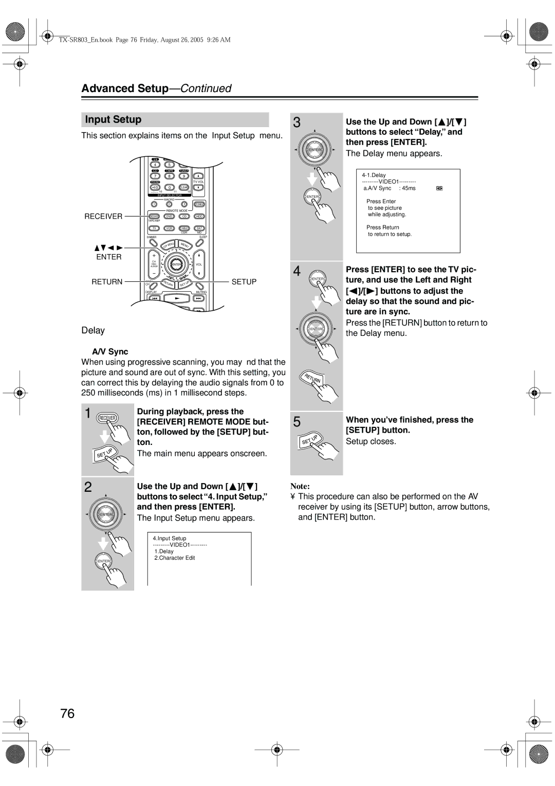 Onkyo TX-SR803, TX-SR8370, TX-SR703E, TX-SR 803E instruction manual Input Setup, Delay 