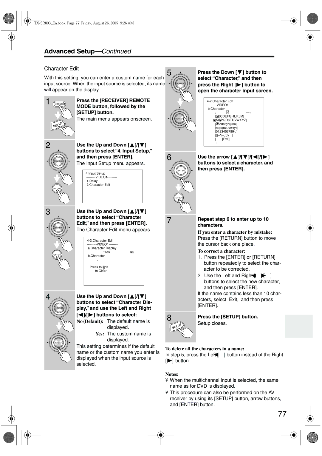 Onkyo TX-SR703E, TX-SR8370, TX-SR803, TX-SR 803E instruction manual Character Edit 