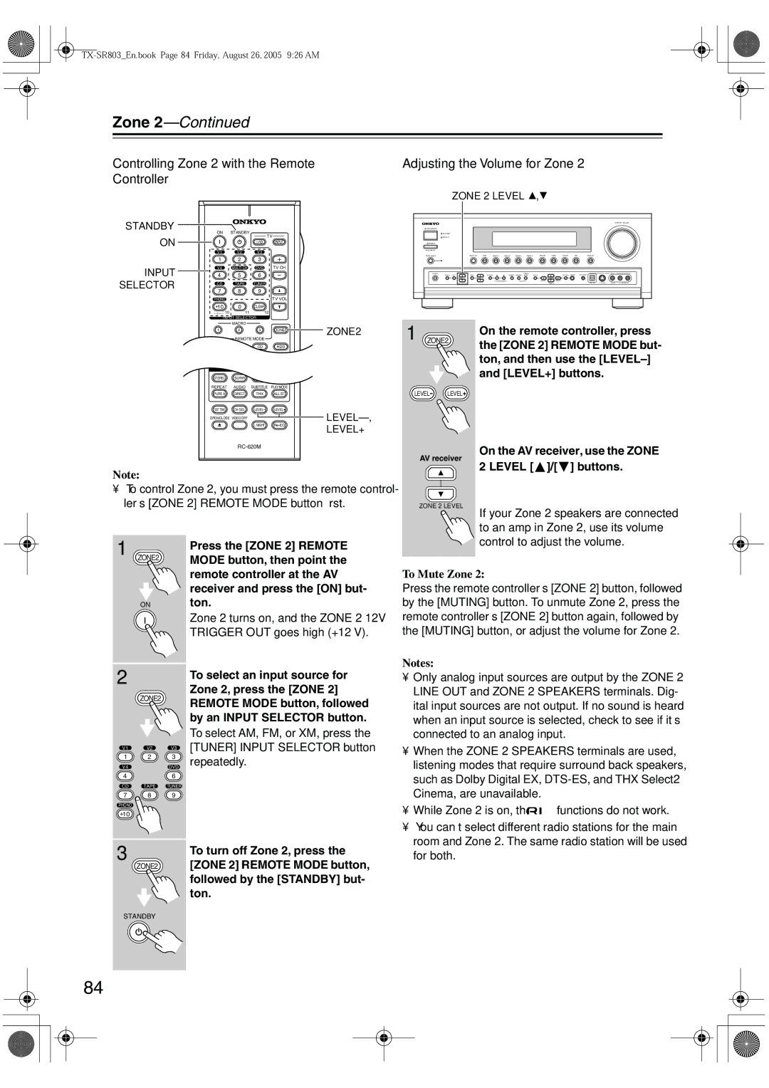 Onkyo TX-SR703, TX-SR8370 Controlling Zone 2 with the Remote Controller, Adjusting the Volume for Zone, To Mute Zone 