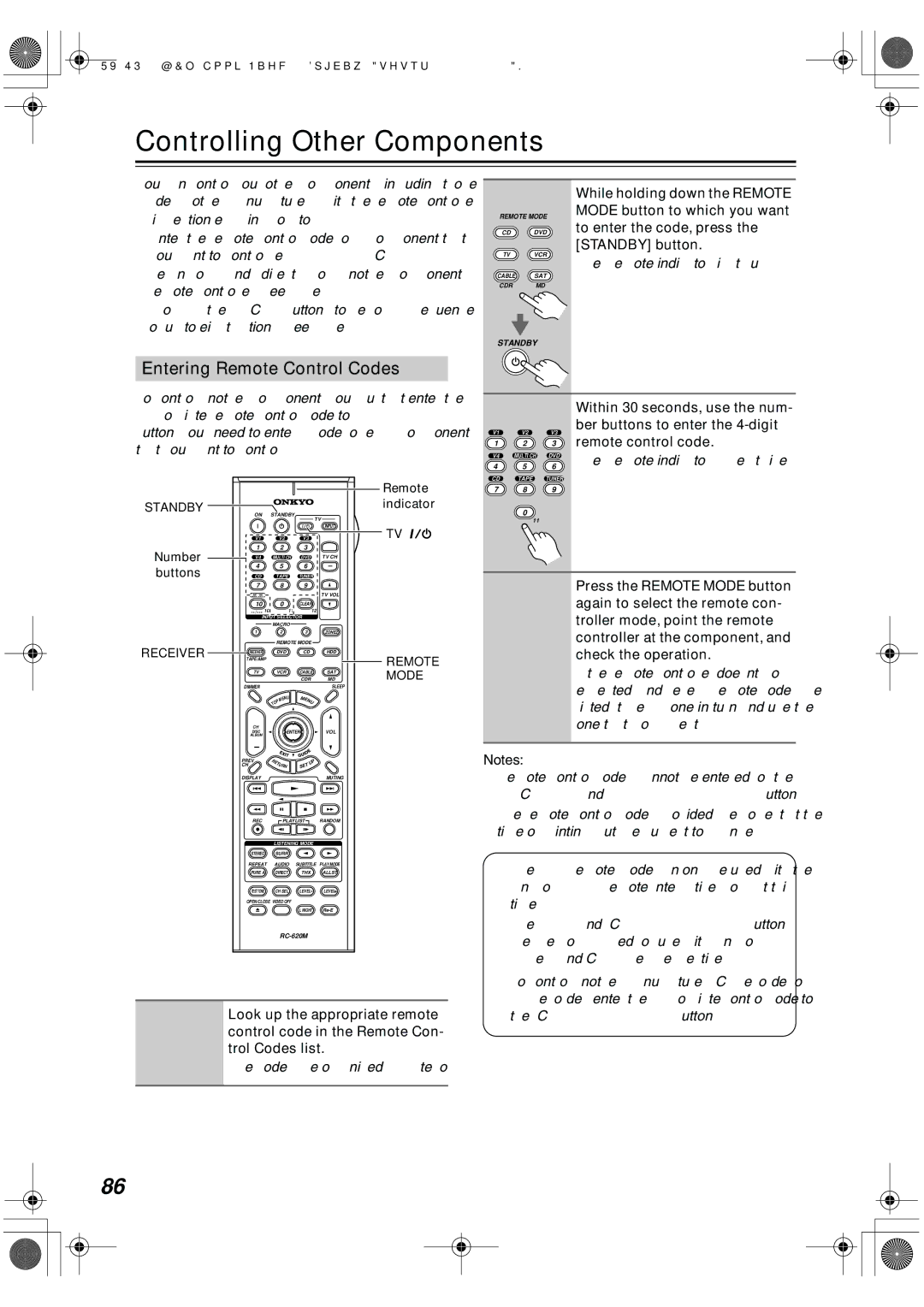 Onkyo TX-SR803, TX-SR8370, TX-SR703E, TX-SR 803E Controlling Other Components, Entering Remote Control Codes 