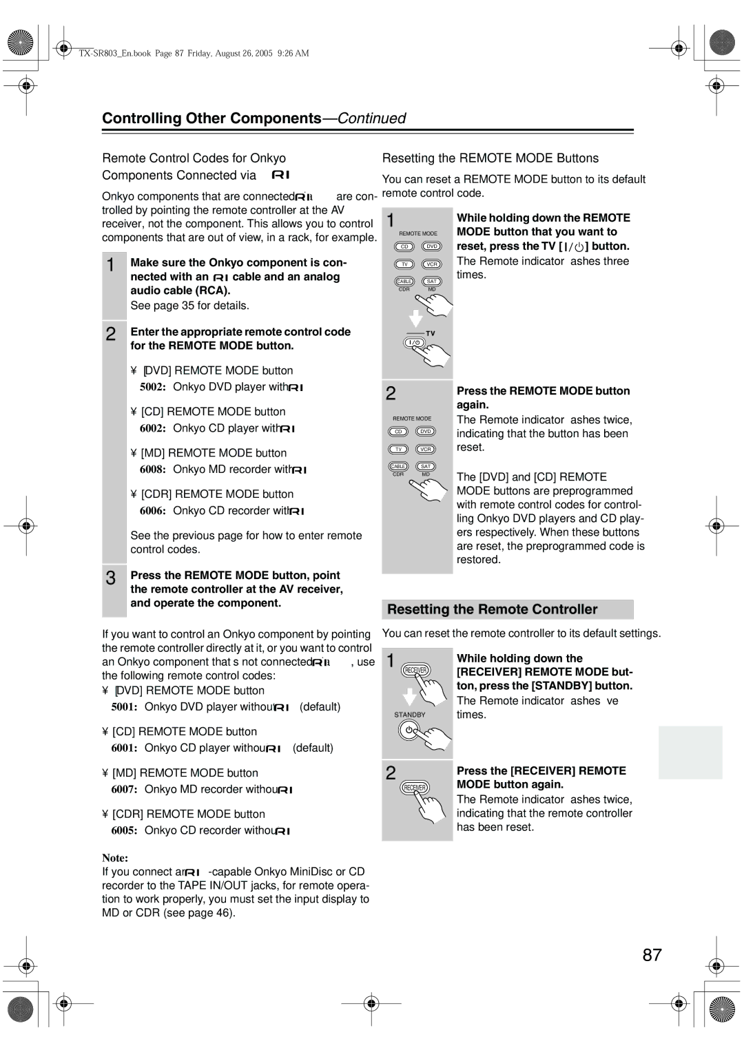 Onkyo TX-SR703E, TX-SR803 Controlling Other Components, Resetting the Remote Controller, Resetting the Remote Mode Buttons 