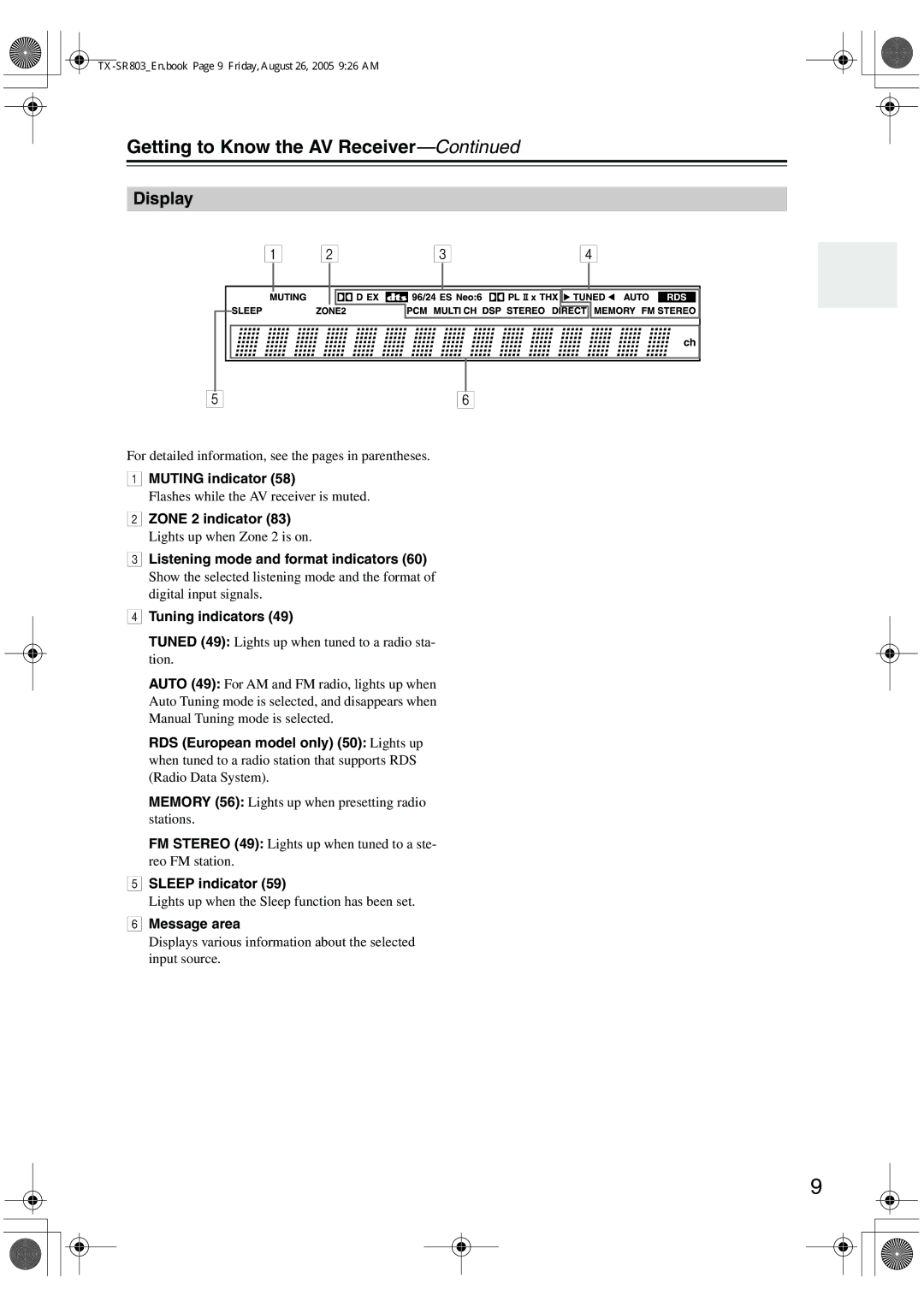 Onkyo TX-SR8370, TX-SR803, TX-SR703E, TX-SR 803E instruction manual Display 