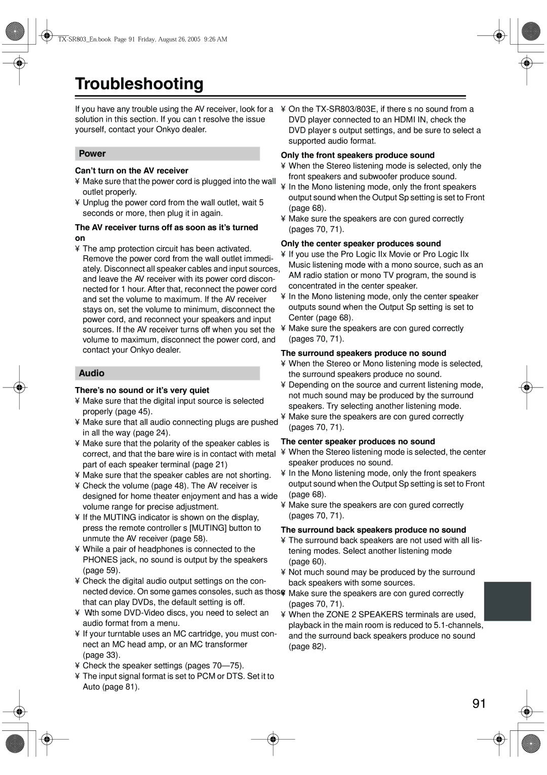 Onkyo TX-SR803, TX-SR8370, TX-SR703E, TX-SR 803E instruction manual Troubleshooting 