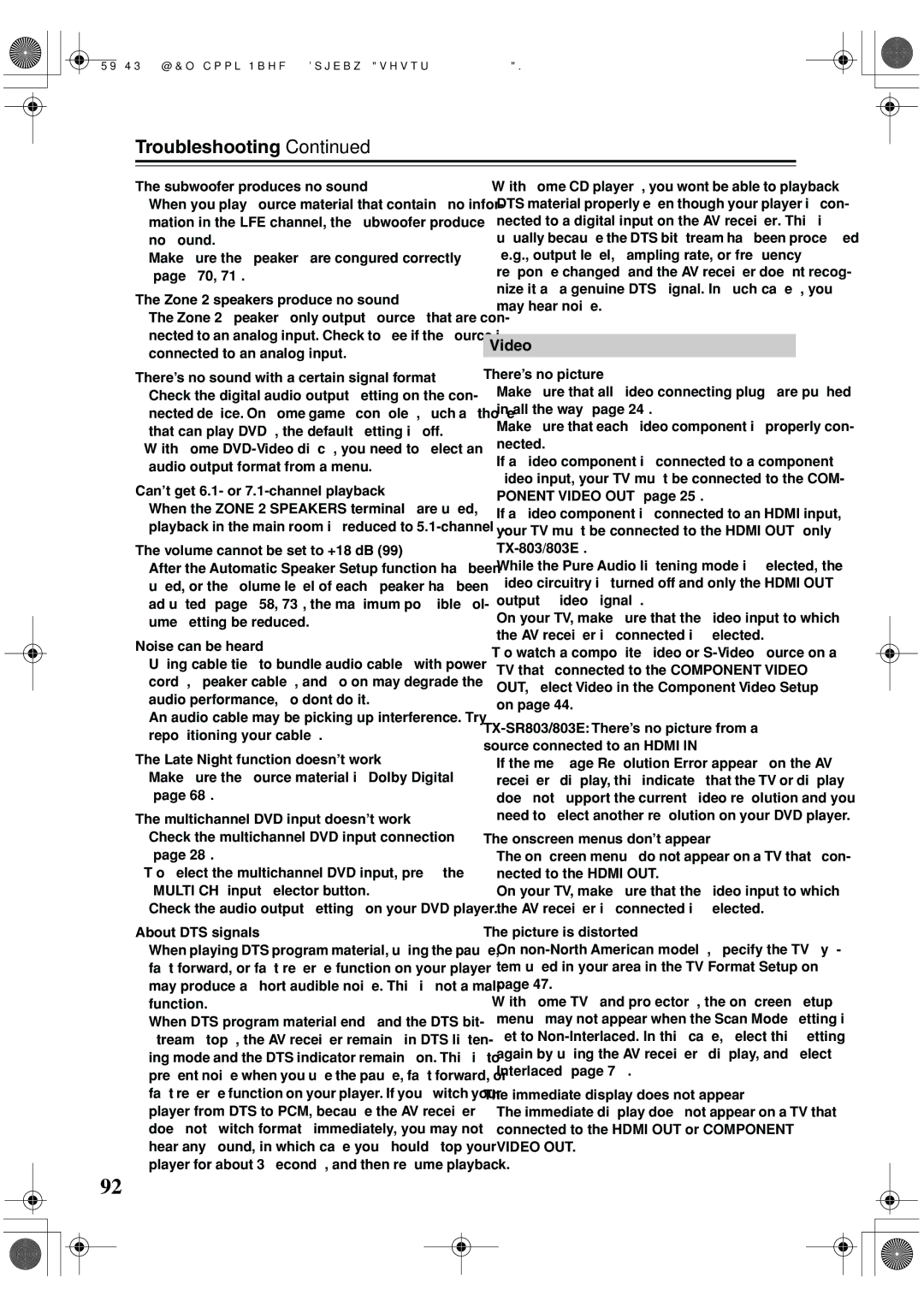 Onkyo TX-SR703E, TX-SR8370, TX-SR803, TX-SR 803E instruction manual Troubleshooting 