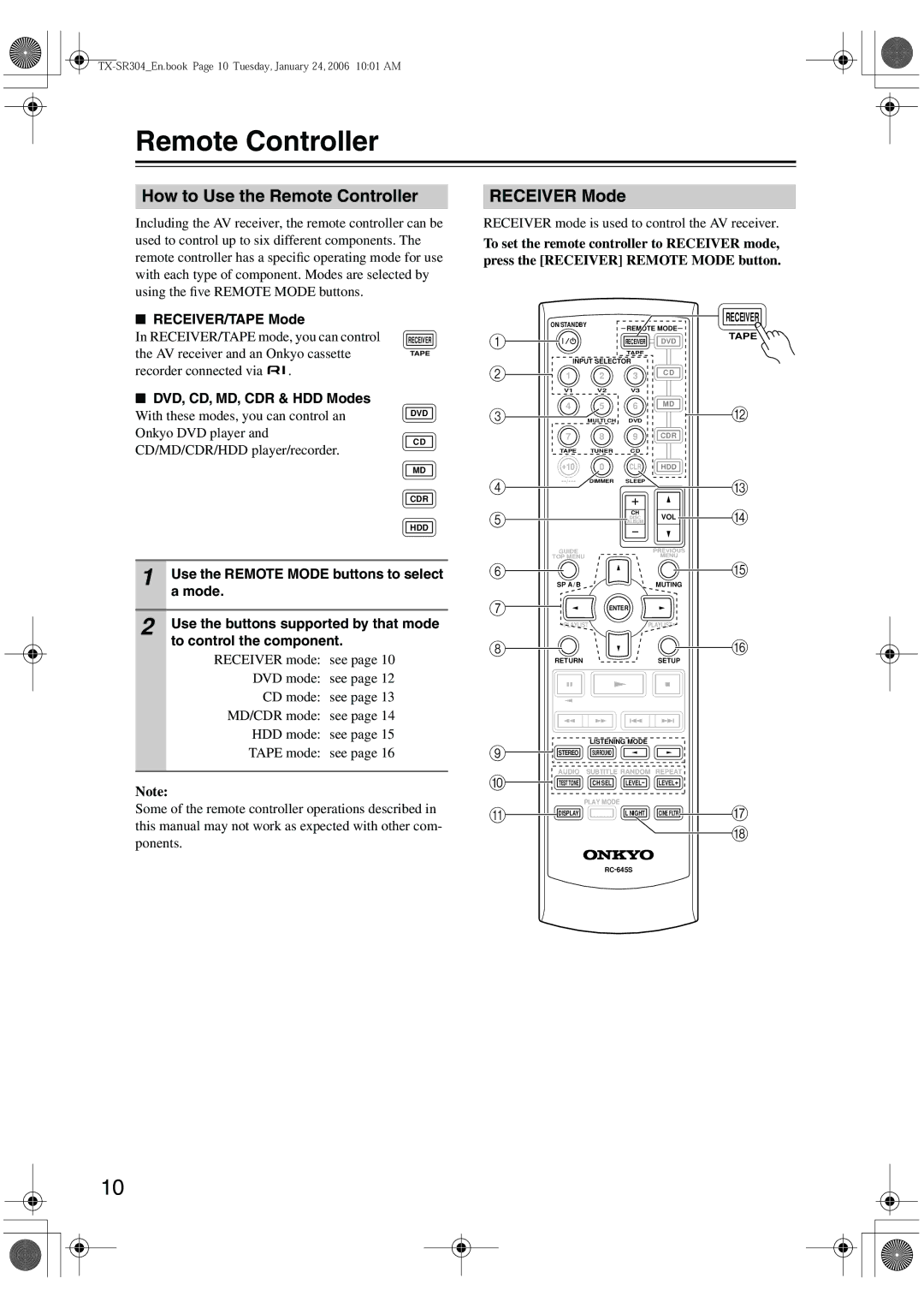 Onkyo TX-SR404, TX-SR8440, TX-SR304E instruction manual How to Use the Remote Controller, Receiver Mode 