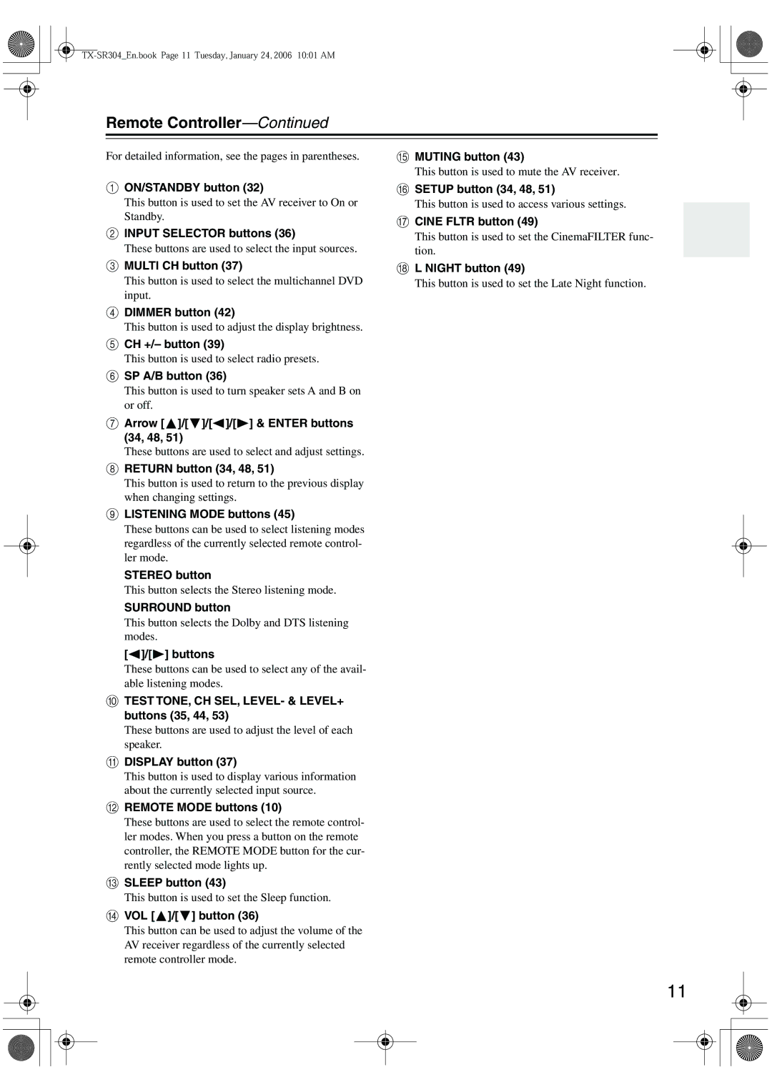 Onkyo TX-SR304E, TX-SR8440, TX-SR404 instruction manual Remote Controller 