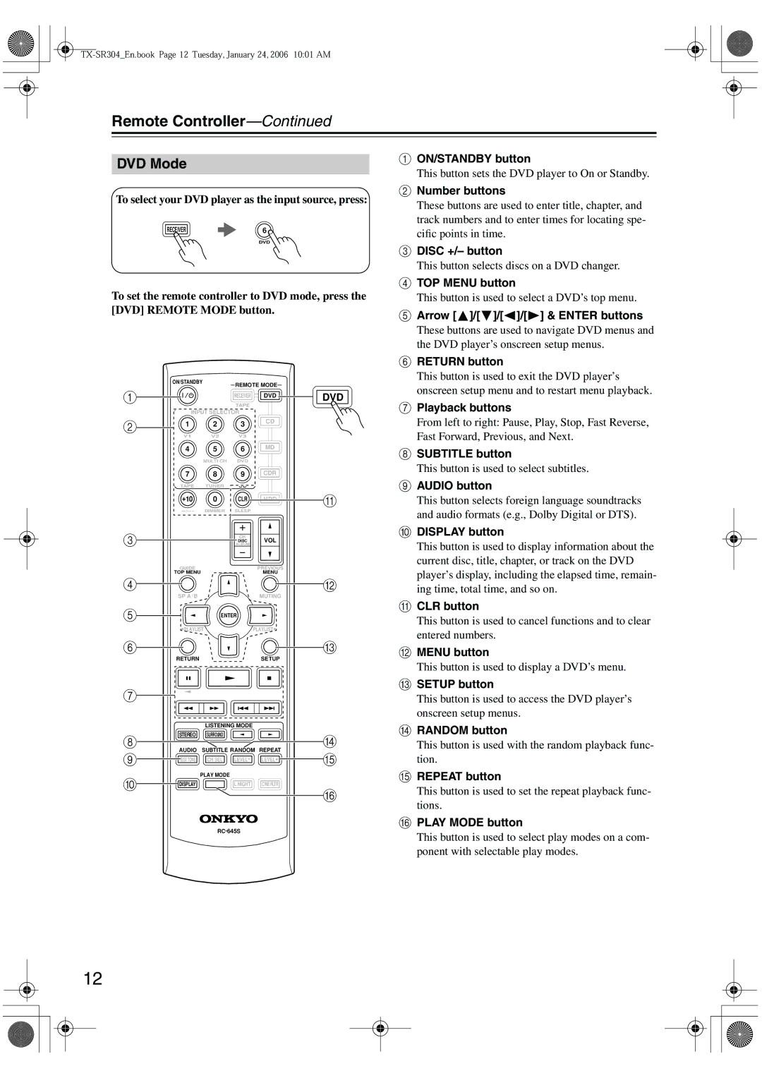 Onkyo TX-SR8440, TX-SR404, TX-SR304E instruction manual DVD Mode 