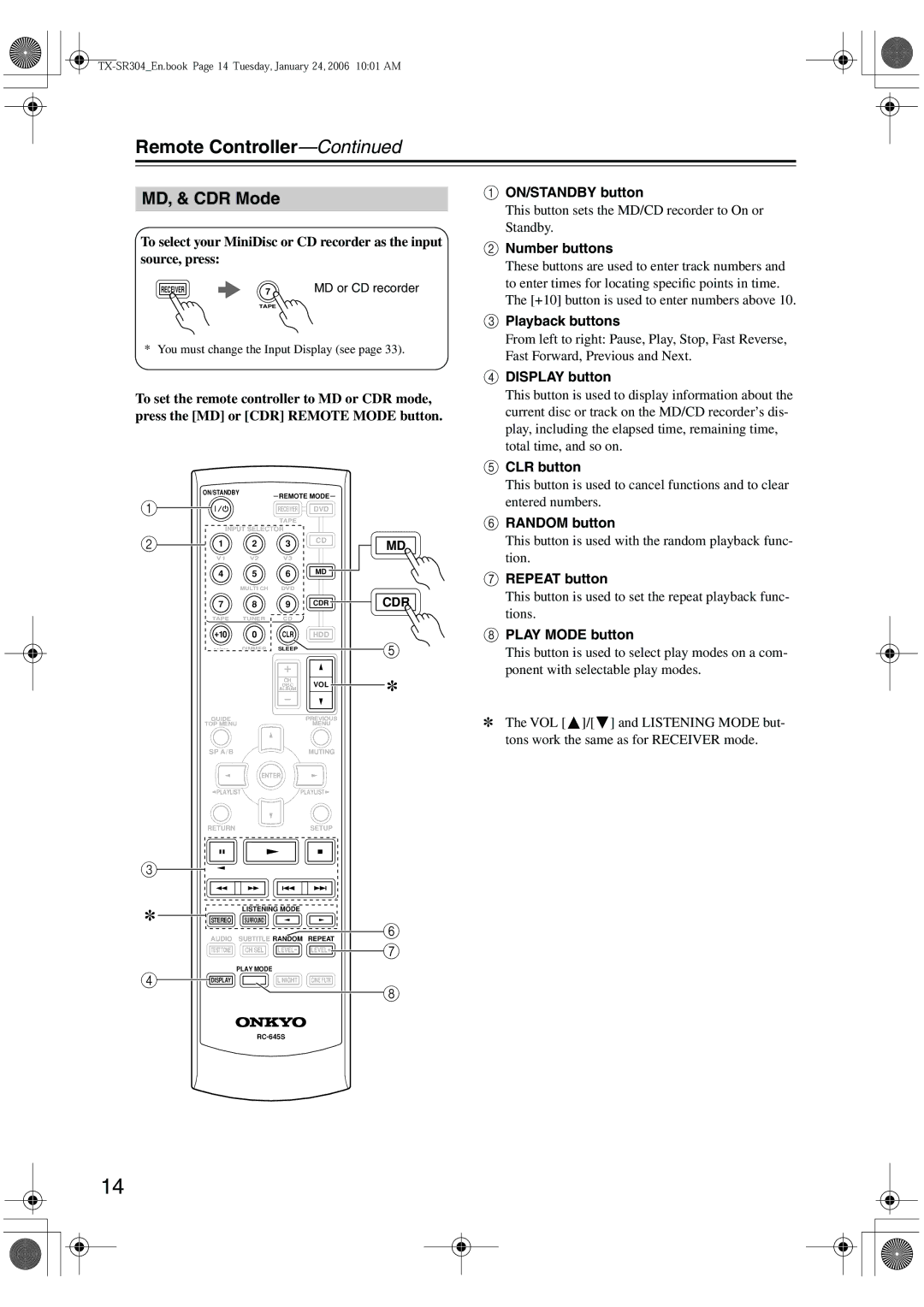 Onkyo TX-SR304E, TX-SR8440, TX-SR404 instruction manual MD, & CDR Mode, MD or CD recorder, Cdr 