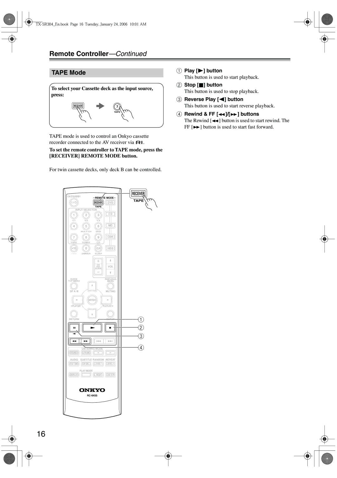 Onkyo TX-SR404, TX-SR8440, TX-SR304E Tape Mode, Stop button, Reverse Play button, Rewind & FF / buttons 