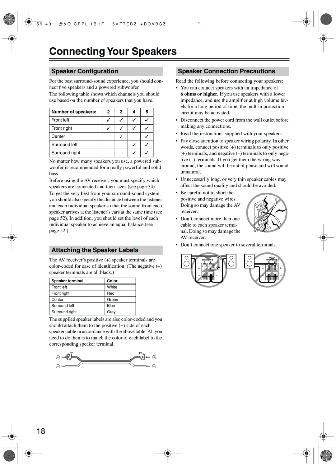 Onkyo TX-SR8440, TX-SR404 Connecting Your Speakers, Speaker Conﬁguration, Attaching the Speaker Labels, Number of speakers 