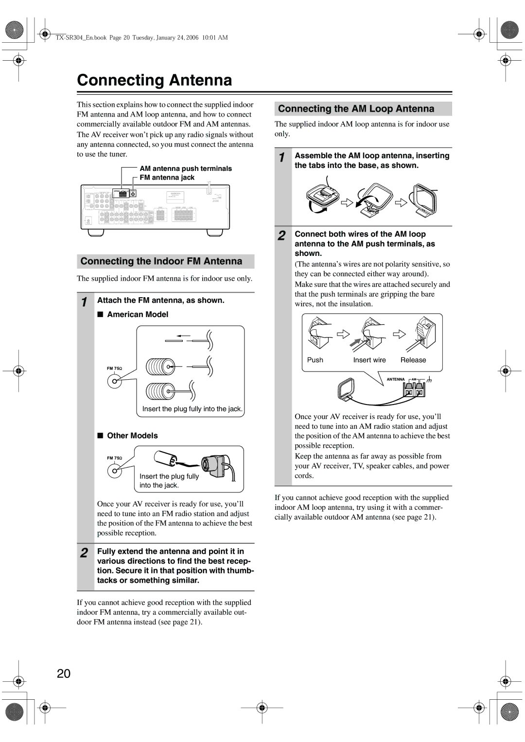 Onkyo TX-SR304E Connecting Antenna, Connecting the AM Loop Antenna, Connecting the Indoor FM Antenna, Other Models 