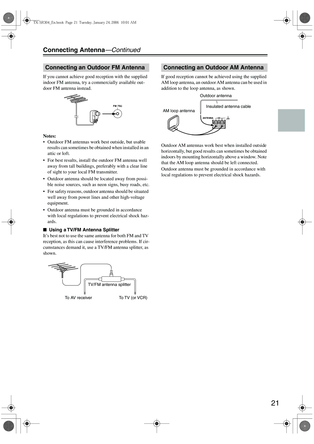 Onkyo TX-SR8440, TX-SR404, TX-SR304E Connecting Antenna, Connecting an Outdoor FM Antenna, Connecting an Outdoor AM Antenna 