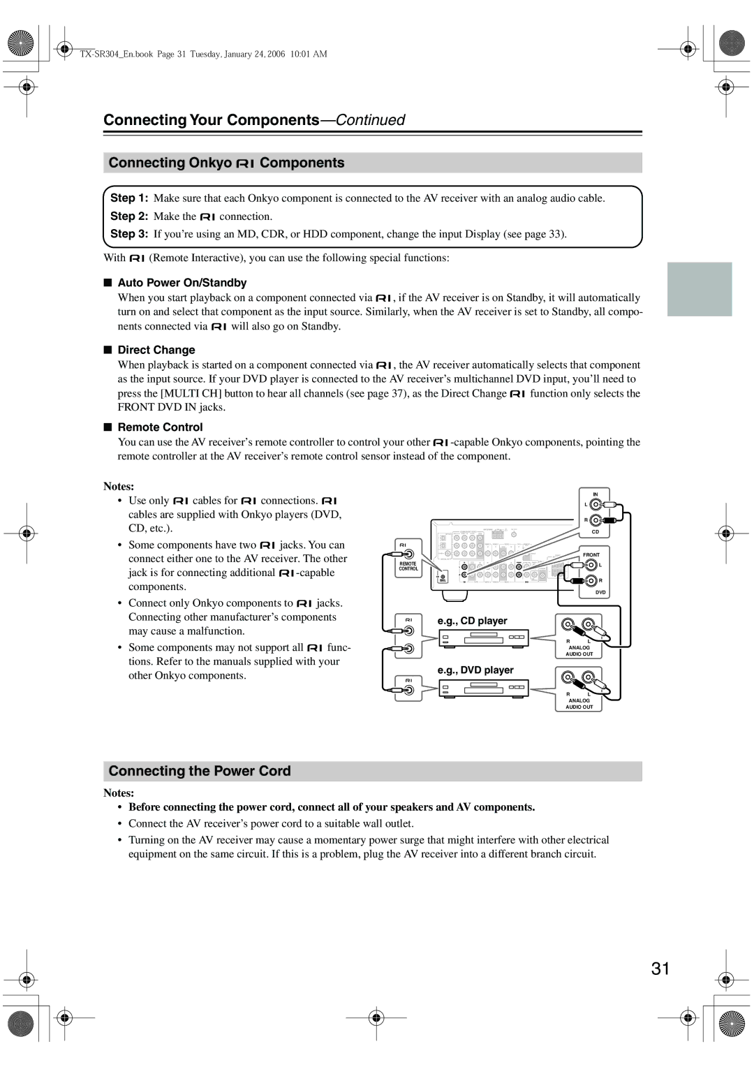 Onkyo TX-SR404, TX-SR8440 Connecting Onkyo Components, Connecting the Power Cord, Auto Power On/Standby, Direct Change 