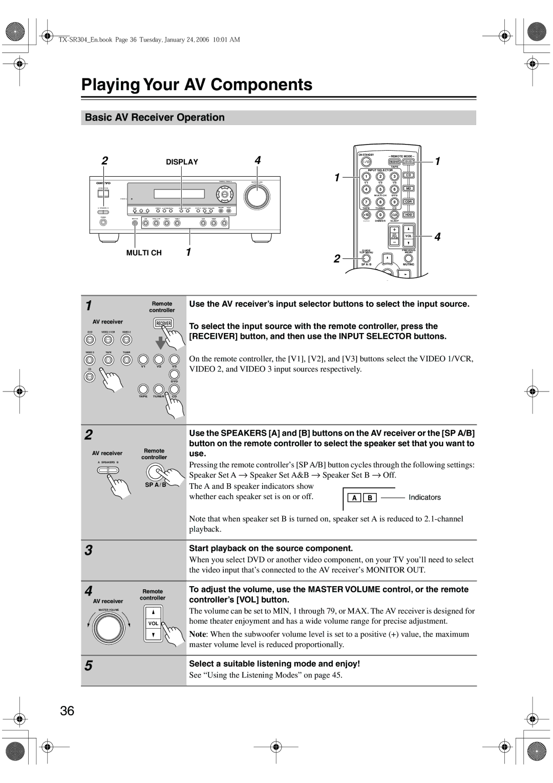 Onkyo TX-SR8440, TX-SR404 Playing Your AV Components, Basic AV Receiver Operation, Start playback on the source component 