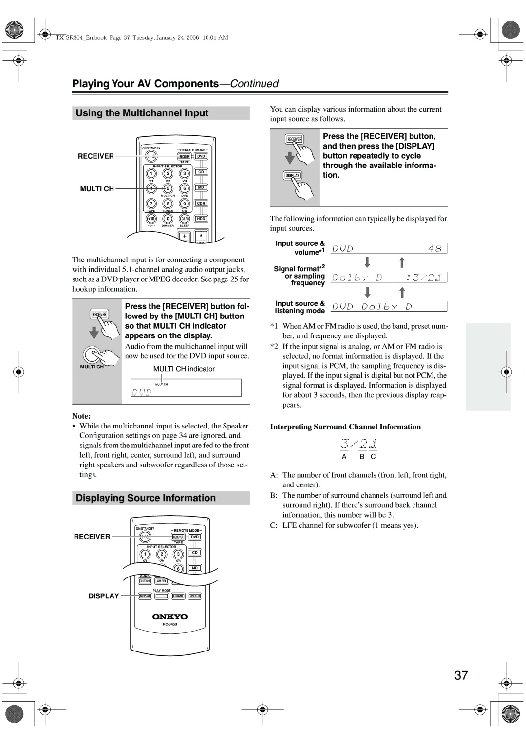 Onkyo TX-SR404, TX-SR8440 Playing Your AV Components, Using the Multichannel Input, Displaying Source Information 