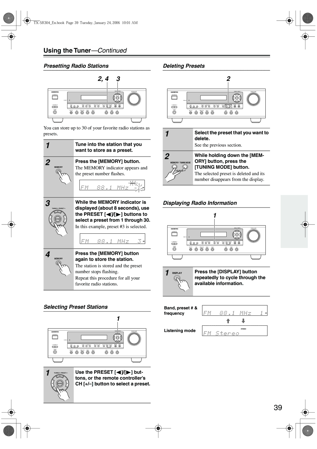 Onkyo TX-SR8440, TX-SR404 Using the Tuner, Presetting Radio Stations, Deleting Presets, Selecting Preset Stations 