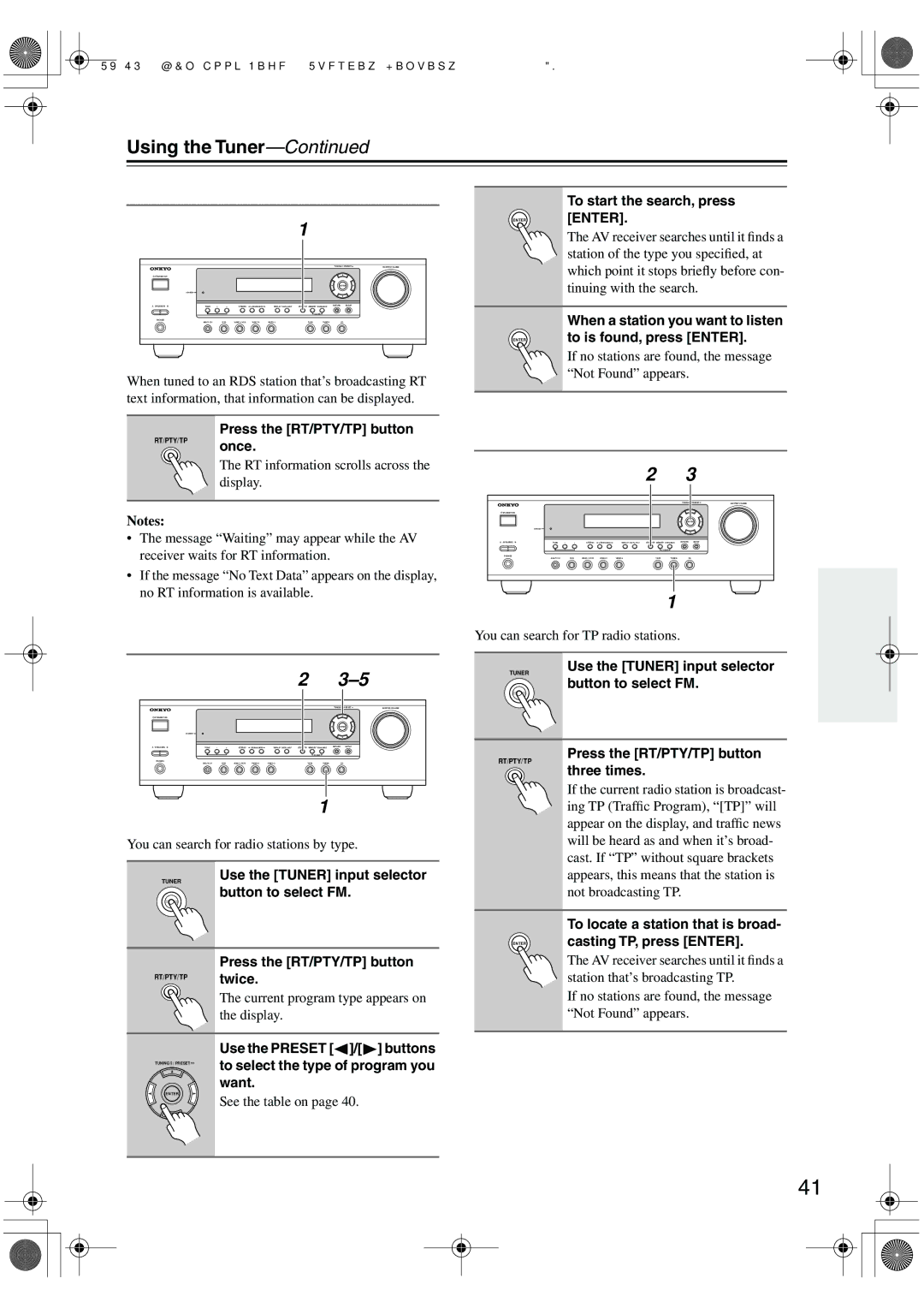 Onkyo TX-SR304E, TX-SR8440, TX-SR404 Displaying Radio Text RT, Finding Stations by Type PTY, Listening to Trafﬁc News TP 