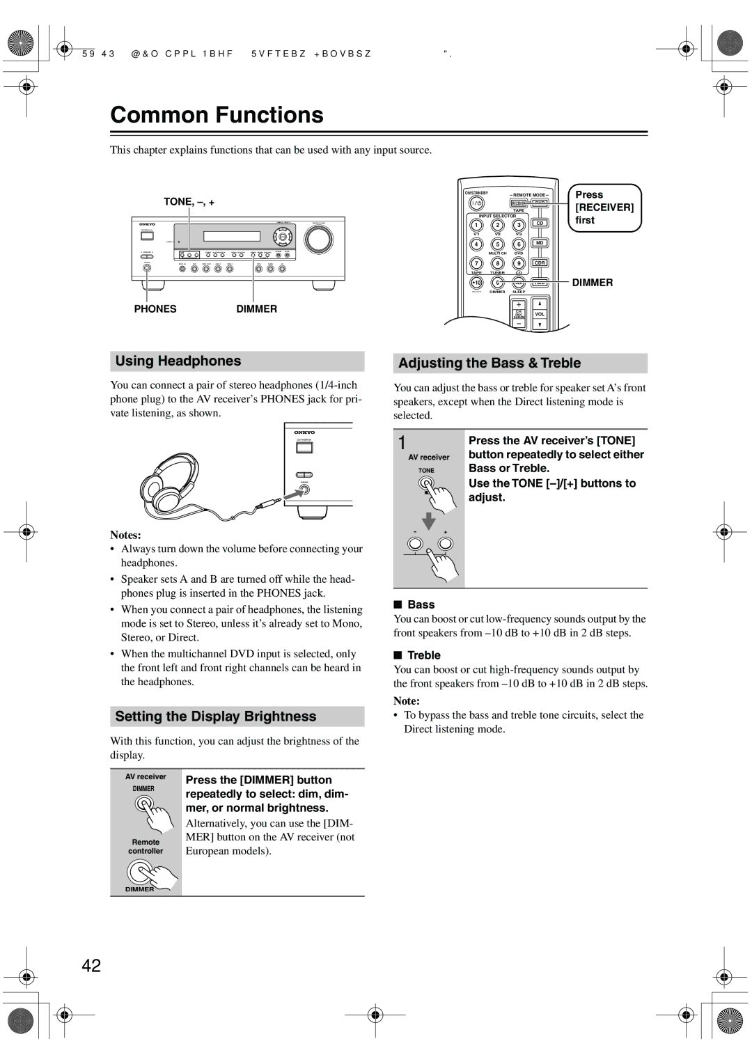 Onkyo TX-SR8440, TX-SR404 Common Functions, Using Headphones, Setting the Display Brightness, Adjusting the Bass & Treble 