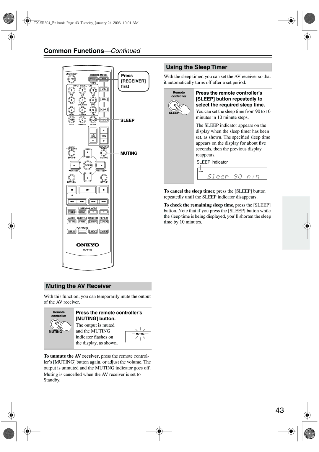 Onkyo TX-SR404, TX-SR8440, TX-SR304E Common Functions, Using the Sleep Timer, Muting the AV Receiver, Sleep Muting 