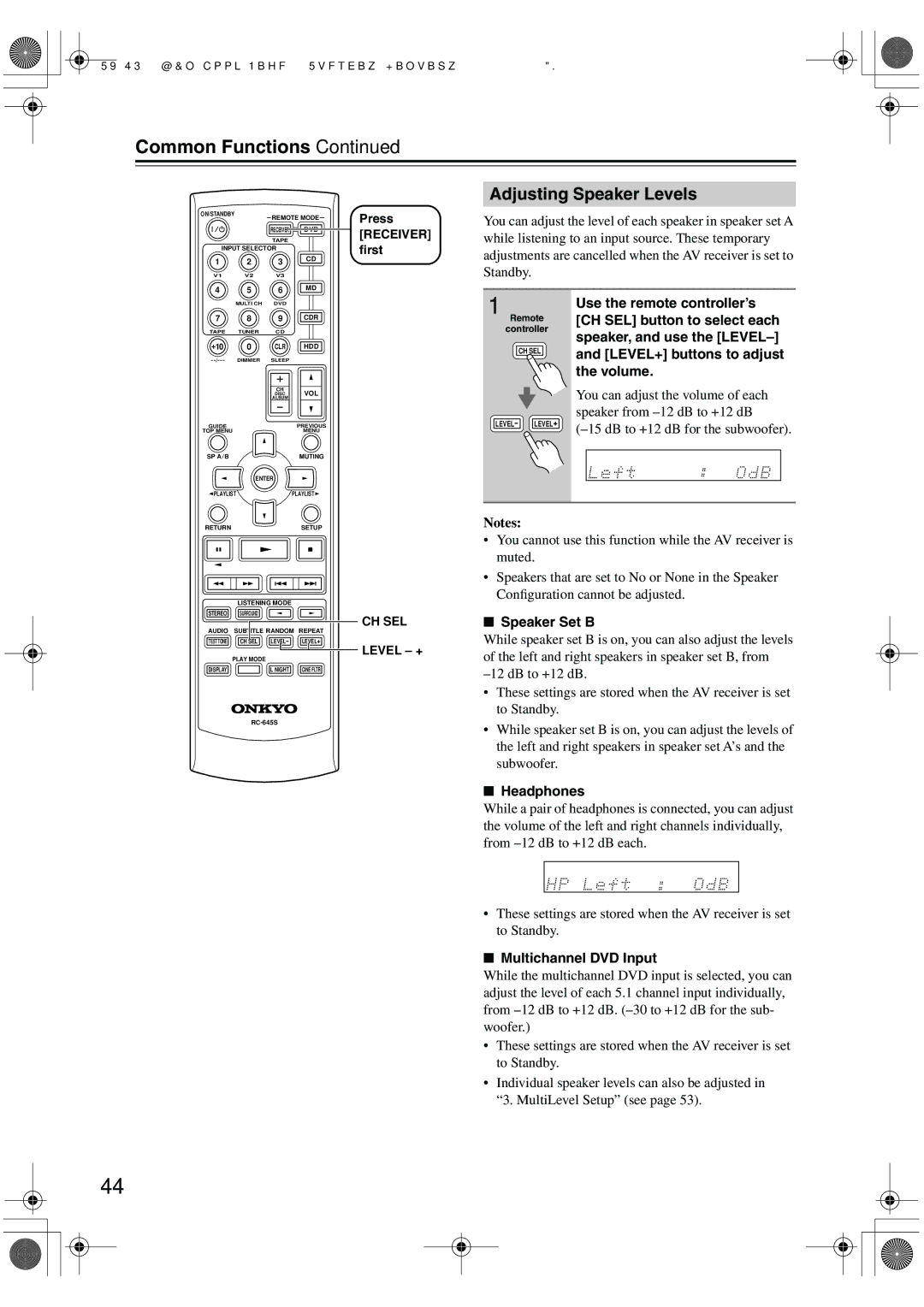 Onkyo TX-SR304E, TX-SR8440 Adjusting Speaker Levels, Speaker Set B, Headphones, Multichannel DVD Input, CH SEL Level + 