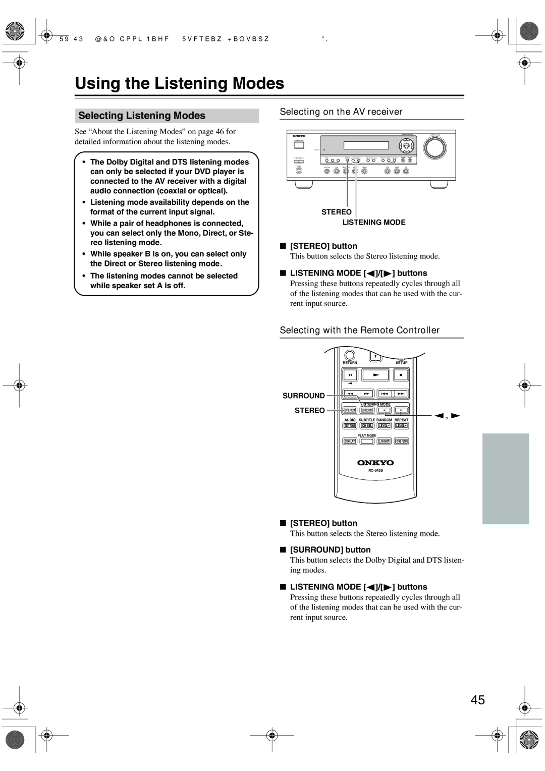 Onkyo TX-SR8440, TX-SR404, TX-SR304E Using the Listening Modes, Selecting Listening Modes, Selecting on the AV receiver 