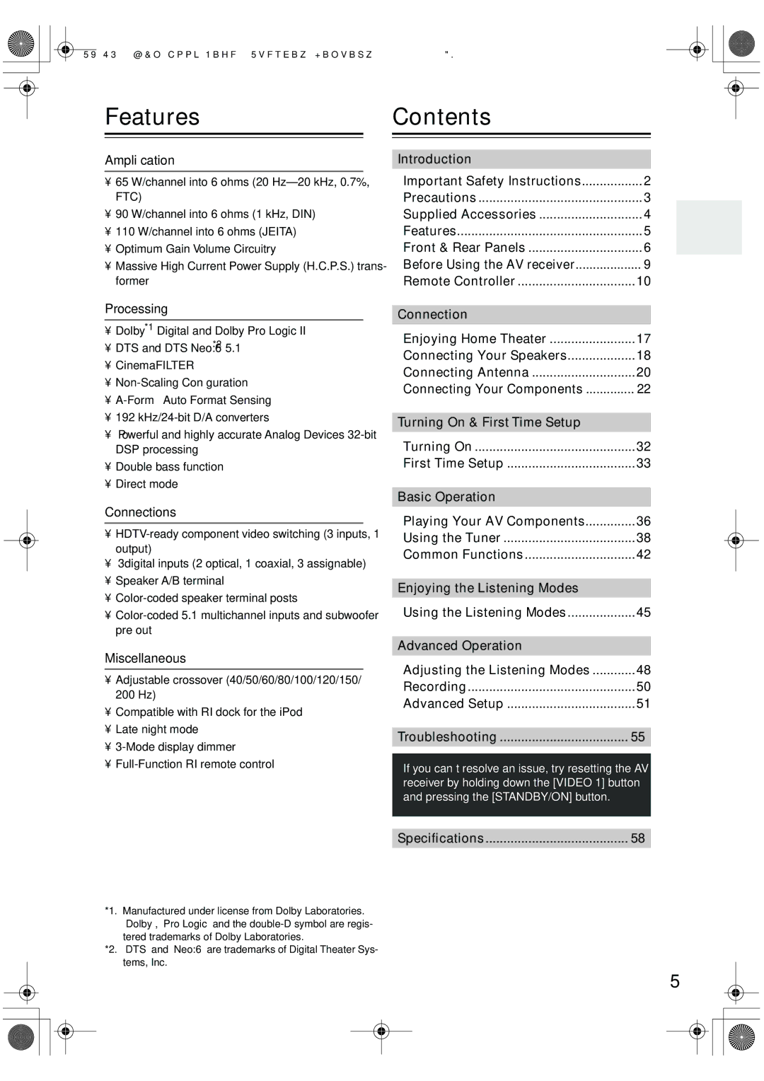 Onkyo TX-SR304E, TX-SR8440, TX-SR404 instruction manual Features, Contents 