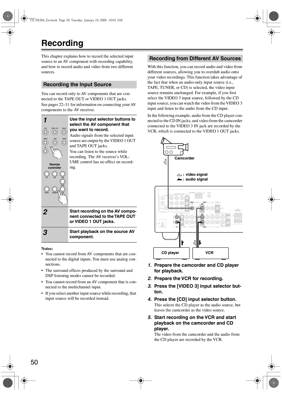 Onkyo TX-SR304E, TX-SR8440, TX-SR404 instruction manual Recording the Input Source, Recording from Different AV Sources 