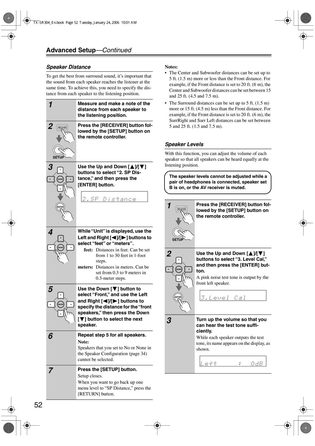 Onkyo TX-SR404, TX-SR8440, TX-SR304E instruction manual Advanced Setup, Speaker Distance, Speaker Levels 