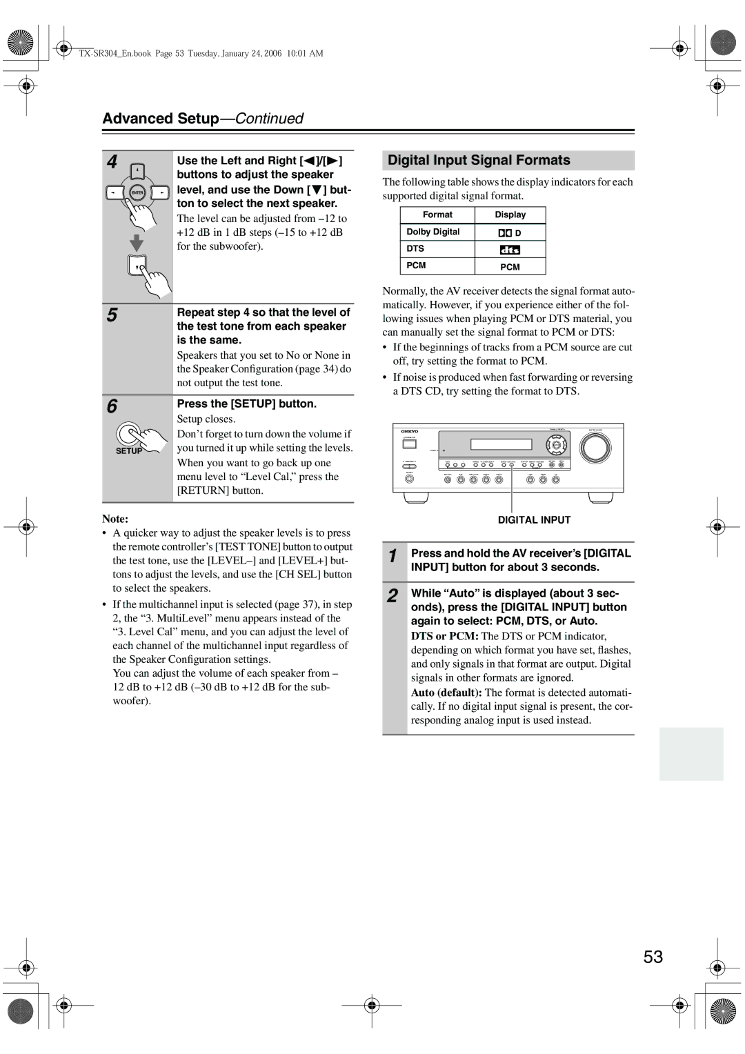 Onkyo TX-SR304E, TX-SR8440, TX-SR404 instruction manual Digital Input Signal Formats 