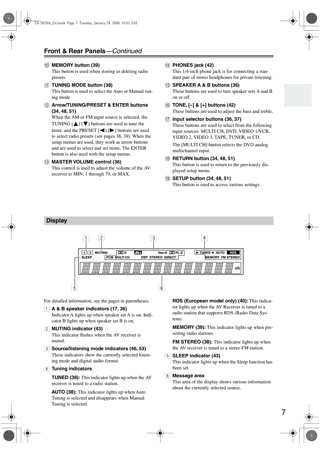 Onkyo TX-SR404, TX-SR8440, TX-SR304E instruction manual Front & Rear Panels, Display 