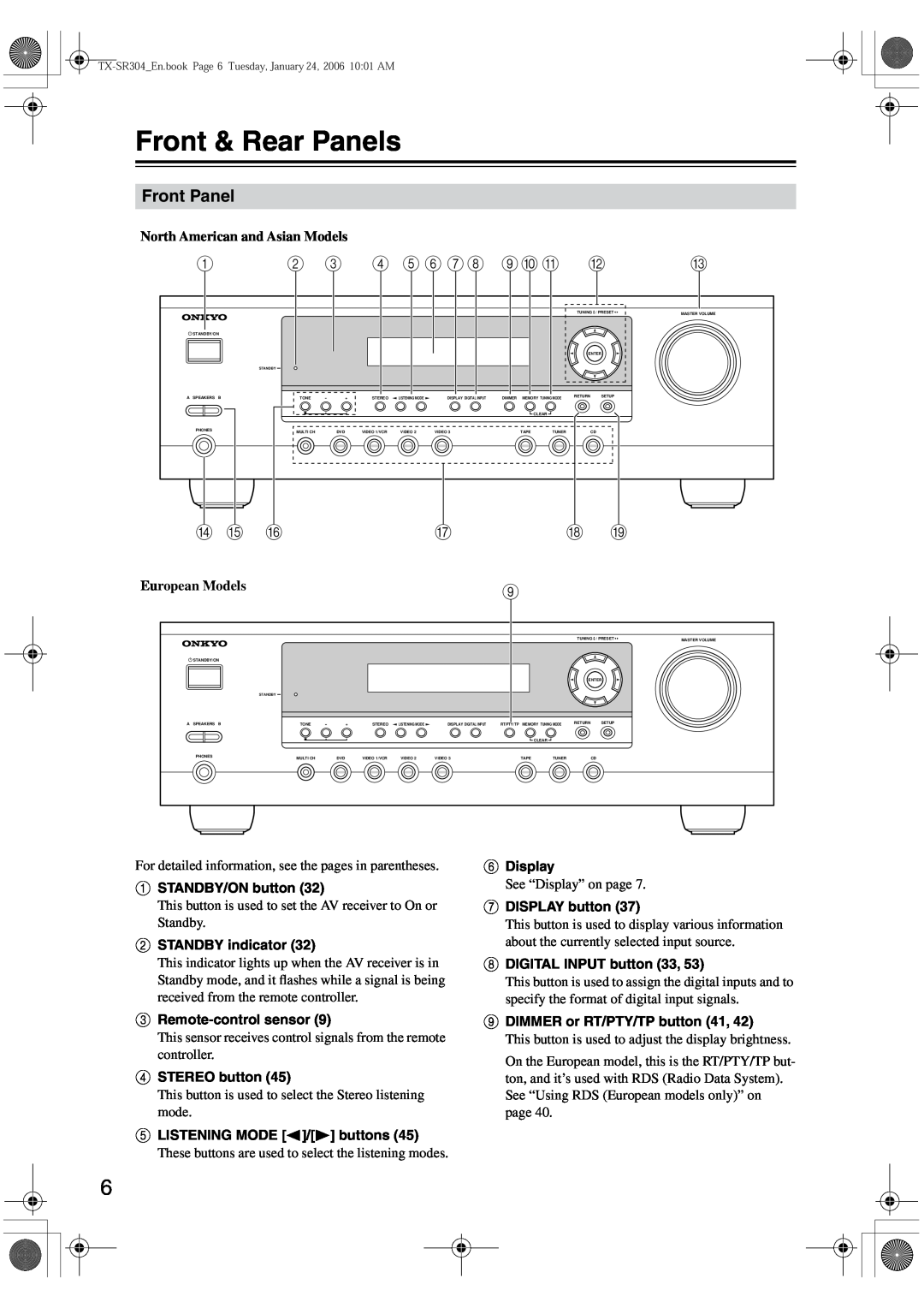 Onkyo TX-SR8440, TX-SR404, TX-SR304E instruction manual Front & Rear Panels, Front Panel, 4 5 6 78 9JK, N O P 