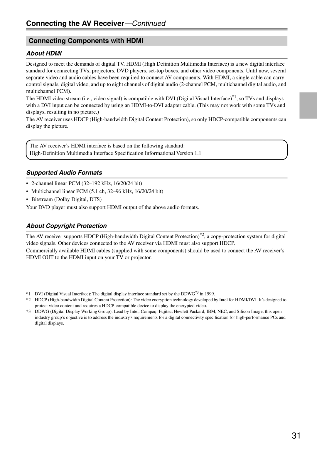 Onkyo TX-SR8460, TX-SR604 Connecting Components with Hdmi, About Hdmi, Supported Audio Formats, About Copyright Protection 