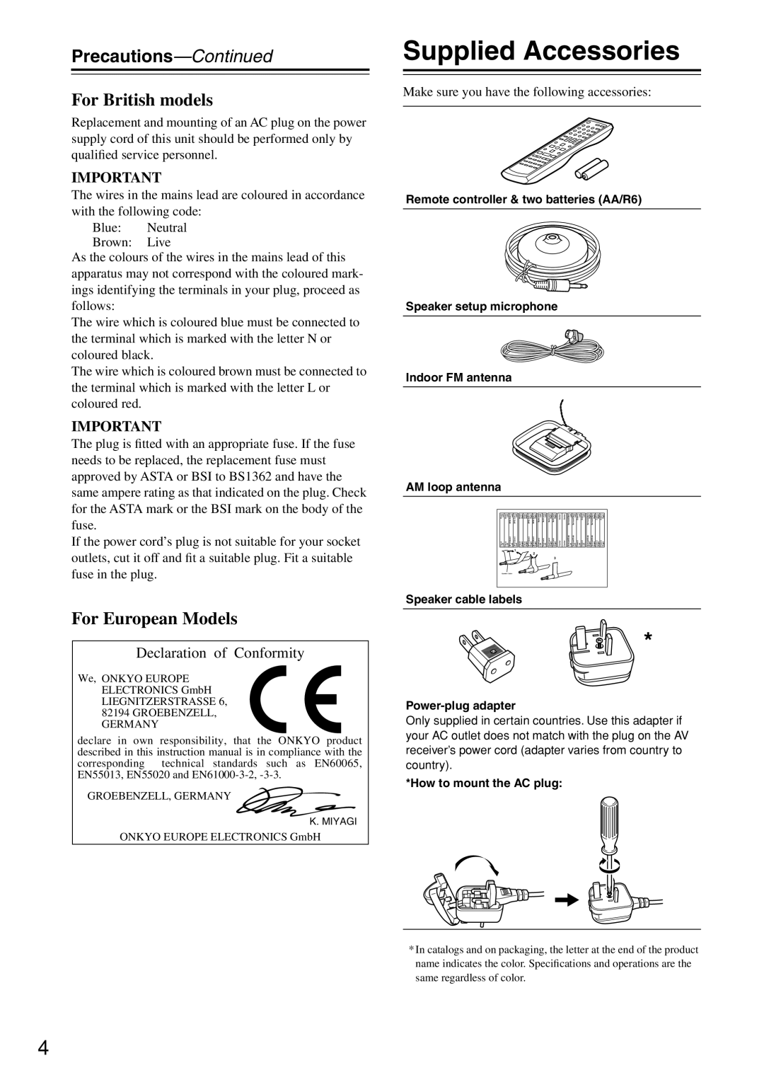 Onkyo TX-SR674E Supplied Accessories, Precautions, Make sure you have the following accessories, How to mount the AC plug 