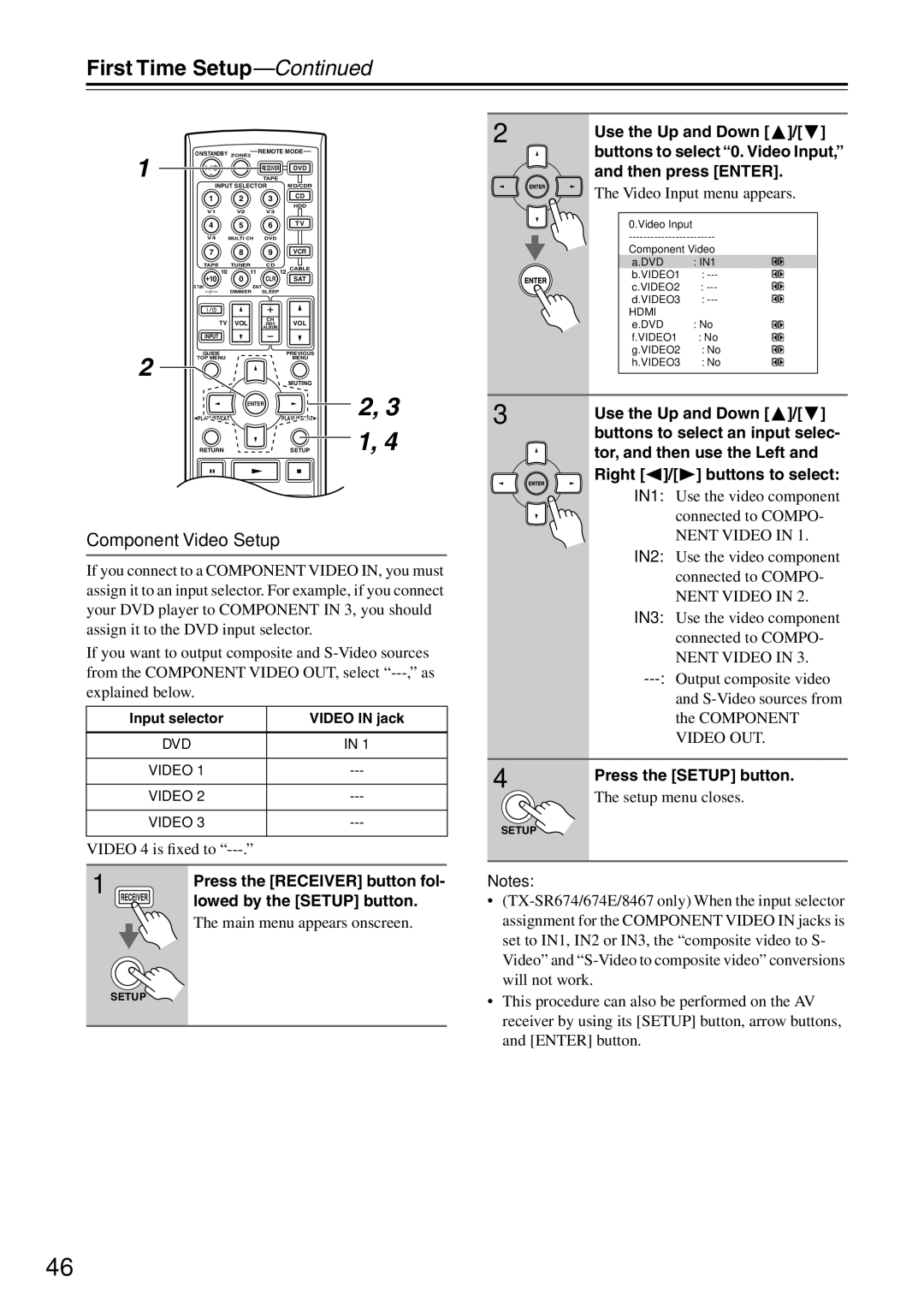 Onkyo TX-SR674E, TX-SR8467, TX-SR8460, TX-SR604 Component Video Setup, Main menu appears onscreen, Setup menu closes 