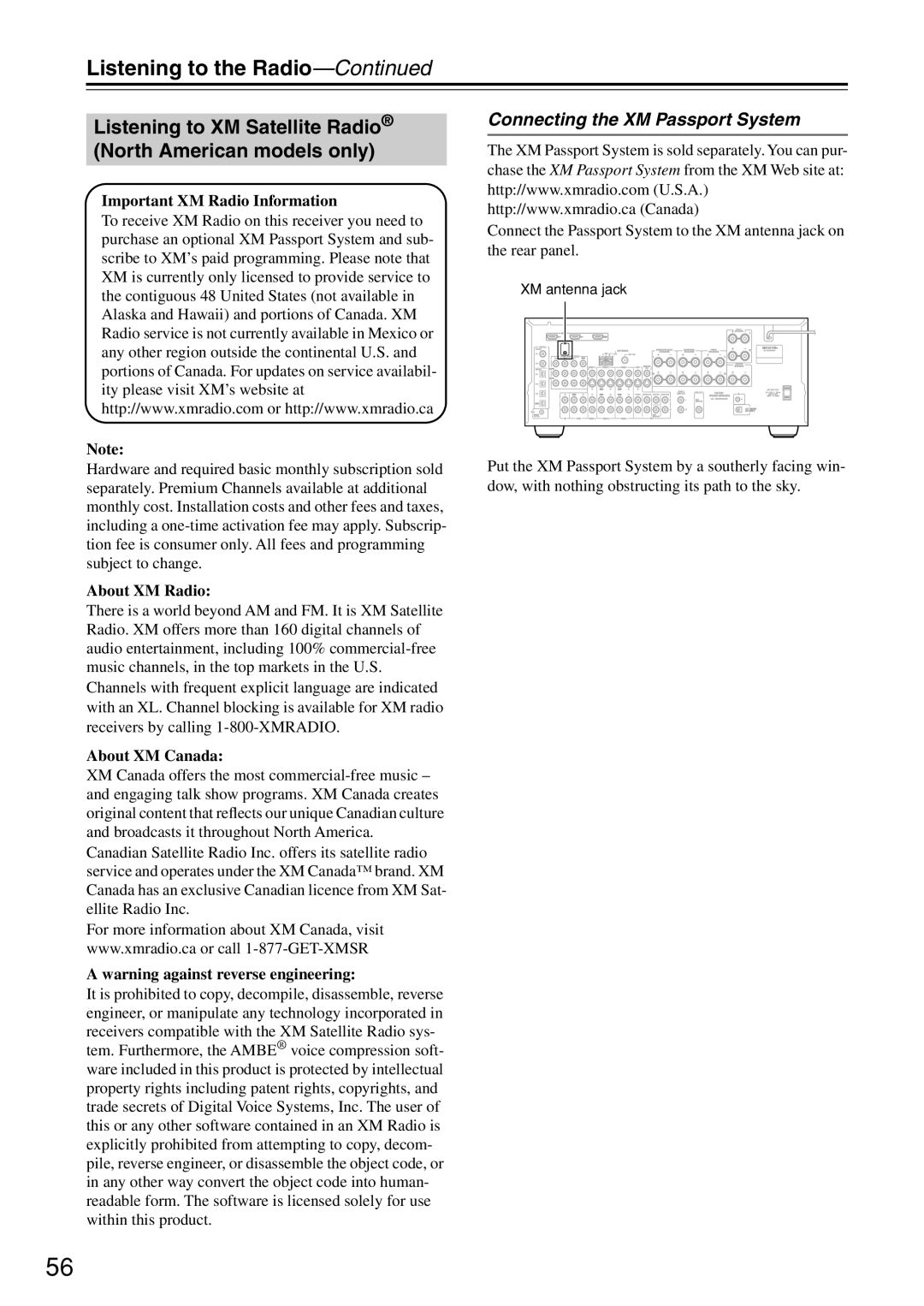 Onkyo TX-SR604, TX-SR8467 Listening to XM Satellite Radio North American models only, Connecting the XM Passport System 