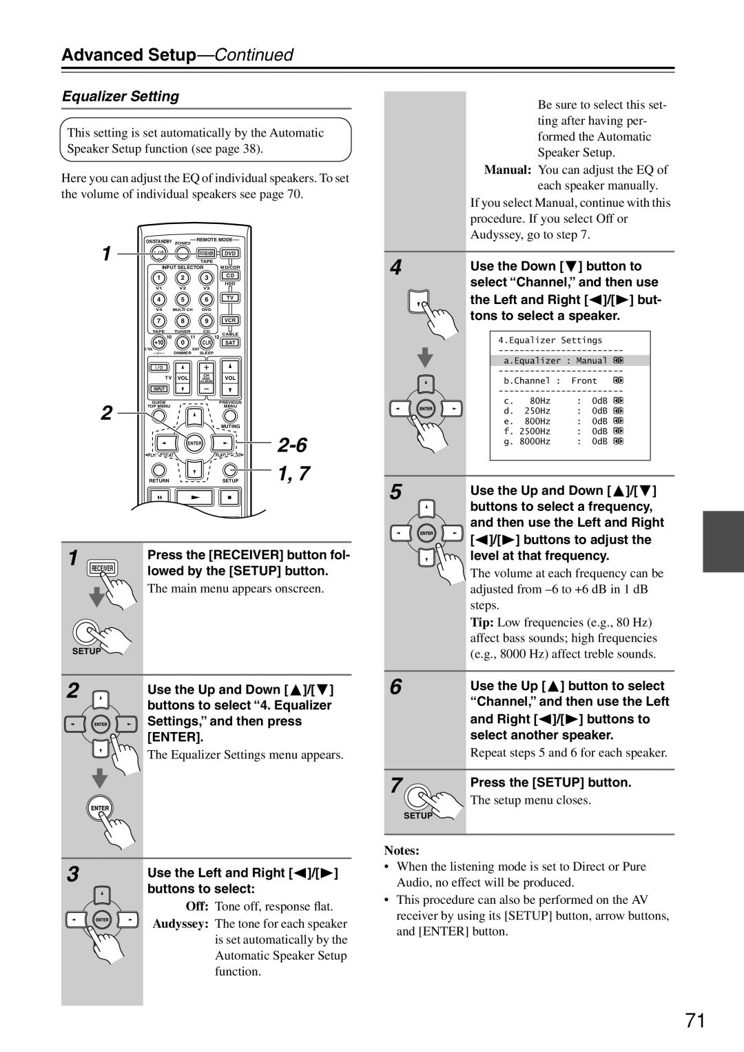 Onkyo TX-SR604E, TX-SR8467, TX-SR8460, TX-SR674 Equalizer Setting, Buttons to select 4. Equalizer, Settings, and then press 