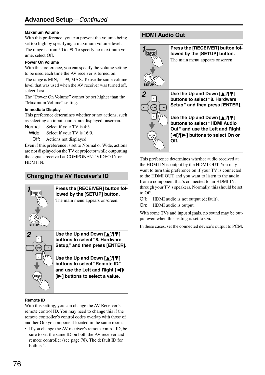 Onkyo TX-SR674E, TX-SR8467, TX-SR8460, TX-SR604E instruction manual Changing the AV Receiver’s ID, Hdmi Audio Out 