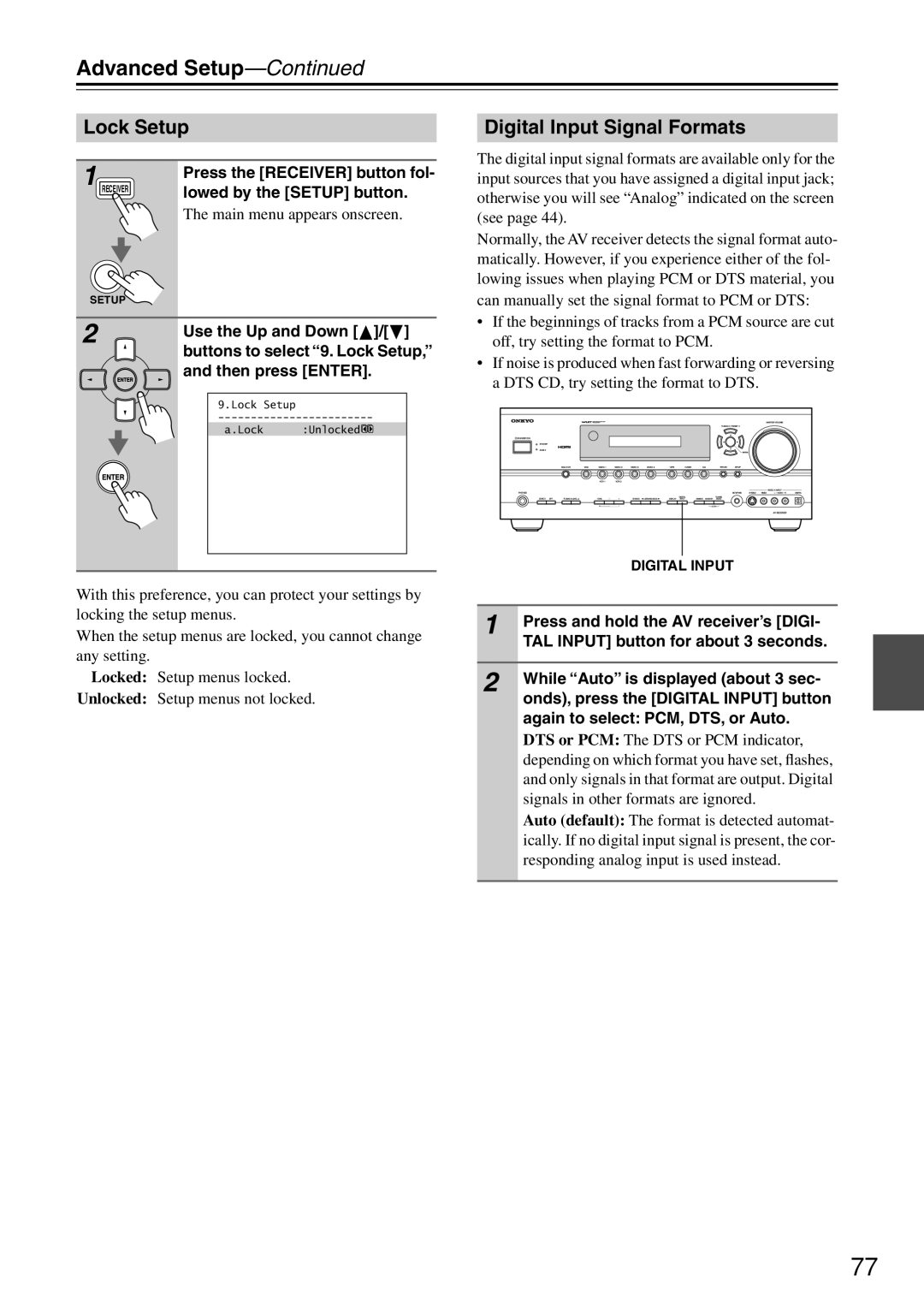 Onkyo TX-SR604E, TX-SR8467, TX-SR8460 Lock Setup, Digital Input Signal Formats, Press and hold the AV receiver’s Digi 