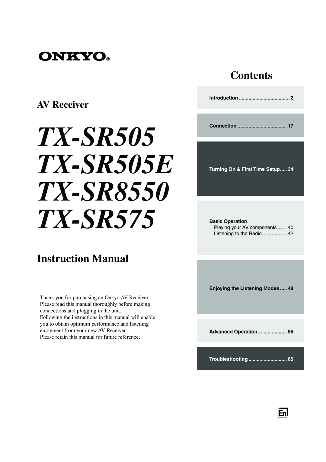 Onkyo instruction manual TX-SR505 TX-SR505E TX-SR8550 TX-SR575 